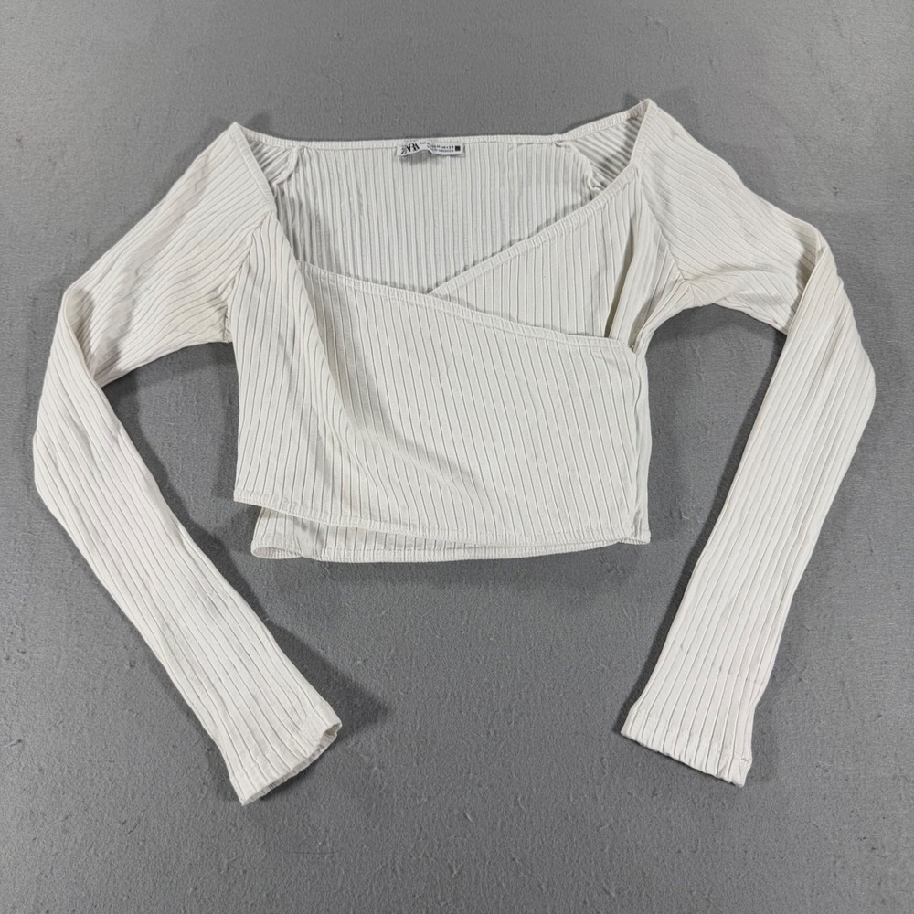 Zara Ribbed Wrap Crop Top Cream Long Sleeve Surplice Womens Medium
